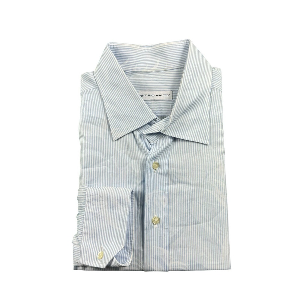 Etro Milano Blue White Stripe Foliage Embossed Cotton Button Front Size 44 Italy